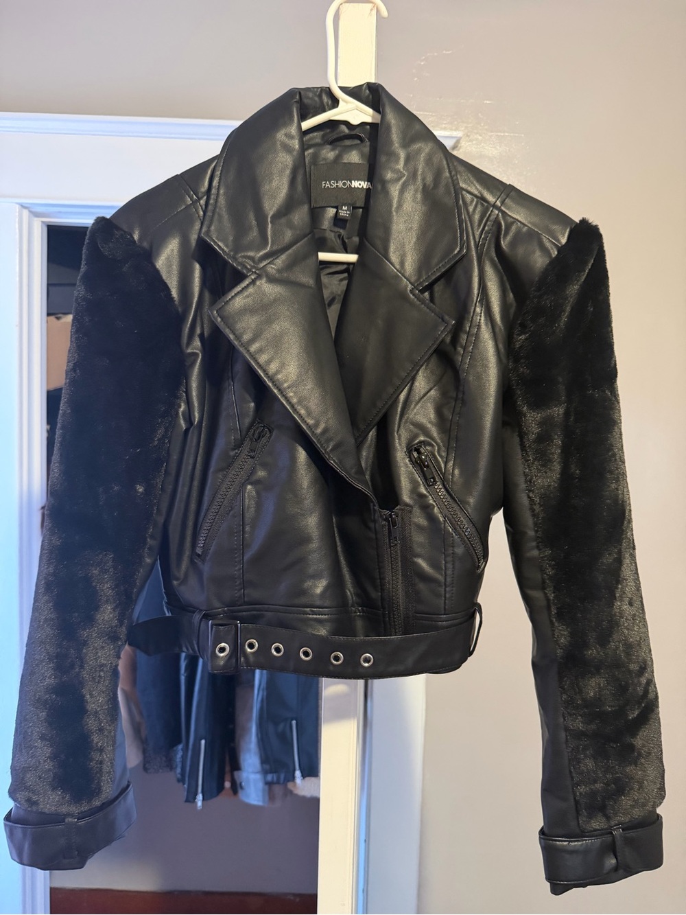 Fashion Nova Black Faux Leather Jacket with Faux Fur Sleeves